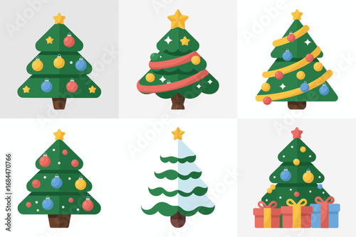 Decorative Christmas tree vector set, decorated evergreen designs with ornaments, star toppers, wrapped gift boxes, festive holiday silhouettes