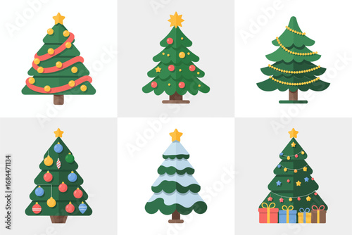 Holiday pine tree decorations set, boxed tree illustrations, snow dusted branches, ornamented fir silhouettes, festive present accents