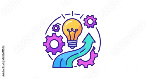 Creative innovation solution idea generation process strategy development with lightbulb and gears concept