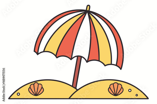 Beach umbrella with seashells on sand dunes on a white background striped