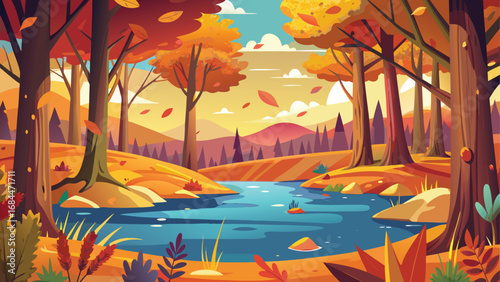Vibrant autumn landscape with a sunlit forest of colorful trees reflected in a calm lake