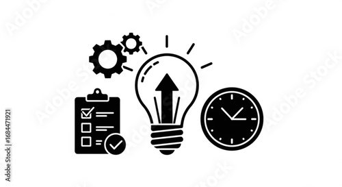 Project management time planning idea generation checklist gears efficiency and productivity concept