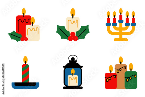 Menorah and candle set vector illustrations, traditional candelabra, holiday lights, festive wreath accompaniment, glowing candles, seasonal celebration, warm ambiance