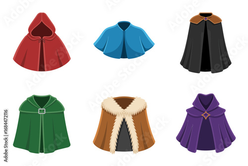 Medieval cloak and cape vector collection, hooded capes, royal mantles, fur trimmed collars, ceremonial robe variations, fantasy costume accessories