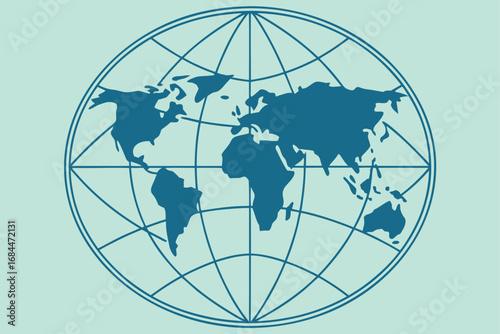 Blue World Map Outline within a Globe Grid on Light Blue Background earth planet