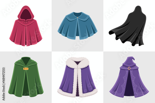 Fur trimmed cloak and winter mantle vector illustrations, cozy lined capes, elegant cloaklets, seasonal costume pieces, royal ceremonial outerwear accessories