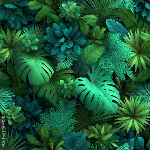 Lush tropical leaves with vibrant green shades create dense, refreshing jungle background full of various leaf shapes and textures, evoking calm and natural atmosphere