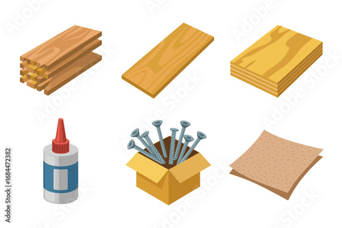 Carpentry and construction material vector illustrations, timber planks, woodworking nails, adhesive glue bottles, sandpaper sheets, crafting essentials, workshop building design