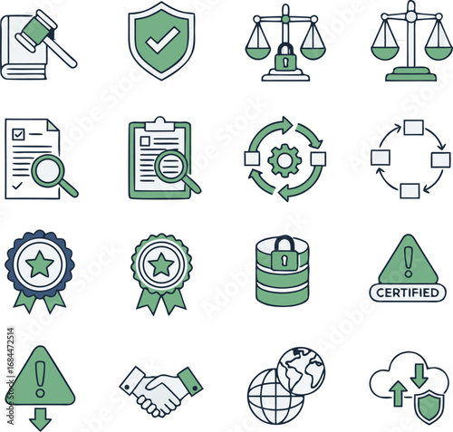 Modern icons representing law, security, compliance, and business processes for digital platforms