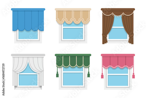 Curtain and window blind vector collection, household decor, fabric treatments, stylish drapery, residential coverings, home decoration design, interior furnishing elements
