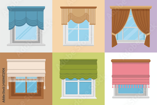Stylish window treatments set, striped roller blinds, pleated Roman shades, tailored swags, lace panels, modern windows, home decor illustrations