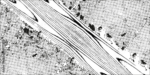 Grunge halftone gradient background. Faded grit noise texture. White and black sandy wallpaper. Retro pixelated backdrop. Anime or manga style comic overlay. Vector graphic design textured template