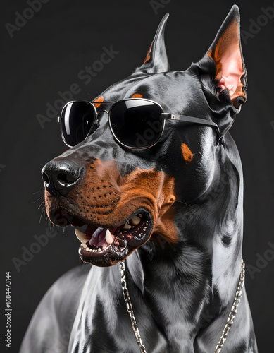 Fashionable muscle doberman with black sunglasses on a black background