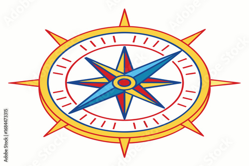 Colorful compass rose illustration with blue and yellow points on white navigation direction