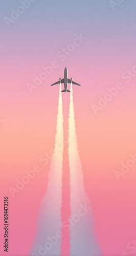 Airplane ascending through a pastel sky, leaving a contrail