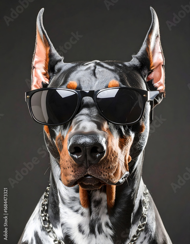 Fashionable muscle doberman with black sunglasses on a black background
