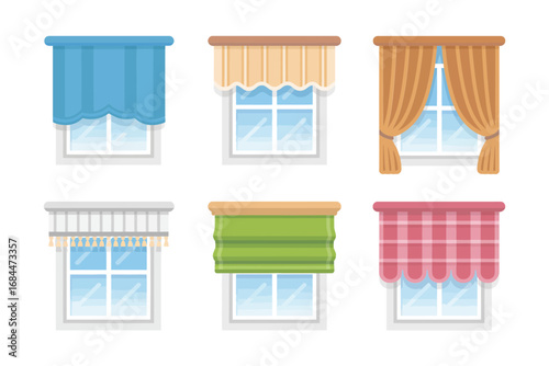 Minimalist window blind illustrations, pastel roman shades, cafe curtains, box valances, fabric textures, contemporary interior, clean window decor icons set