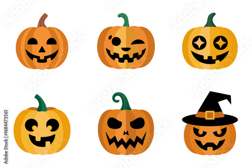 Retro halloween jack o lantern collection, expressive carved pumpkins, hats, spooky grins, seasonal autumn festival decor, trick or treat imagery