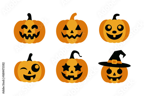 Charming Halloween pumpkin icons, variety of carved mouths eyes hats, spooky smiling designs, trick treat party decorations, autumn seasonal graphics