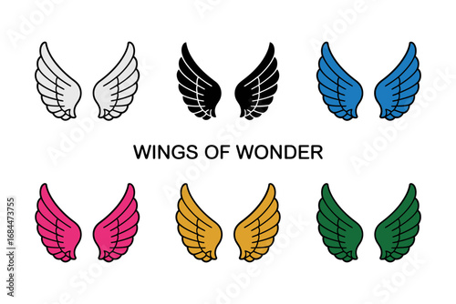 Decorative wing illustration pack, white black blue pink gold feather icons, angelic and mythic motifs, creative emblem set for branding