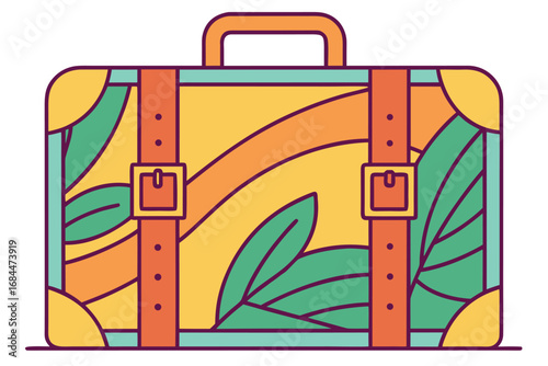 Colorful vintage suitcase with tropical leaves and straps on white background travel luggage