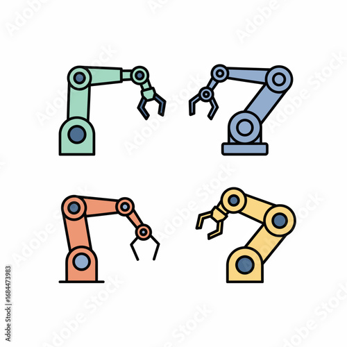Set of Four Colorful Robotic Arms with Claws for Industrial Automation and Manufacturing Concepts