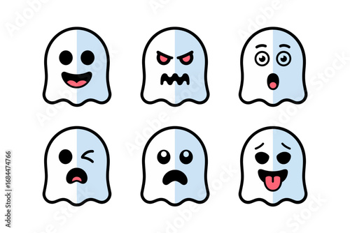 Scary ghost face collection, halloween cartoon spirit pack, spooky vector characters, funny and creepy expressions, seasonal haunted decoration clipart