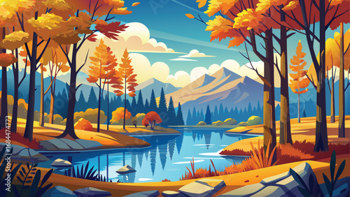 An autumnal forest and summer lake scene are set against a tropical sunset, with a palm-lined beach and ocean waves in the distance