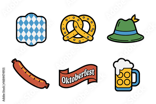 Oktoberfest themed vector pack, beer mug pretzel sausage hat illustrations, german cultural celebration symbols, festive seasonal clipart decoration set