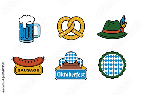 Bavarian culture vector collection, oktober festival beer mug pretzel sausage hat icons, traditional german symbols, party celebration clipart set