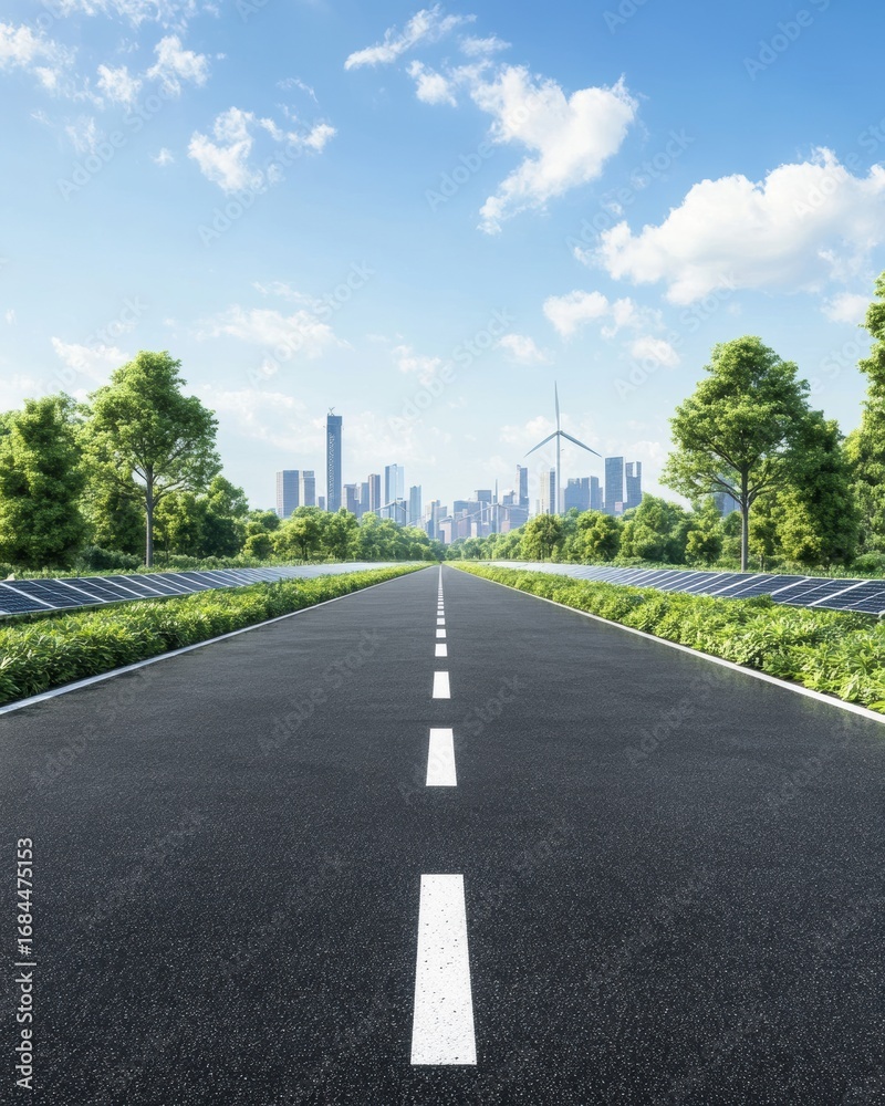 custom made wallpaper toronto digitalFuturistic Highway with Solar Panels, Wind Turbine and Modern City Skyline.