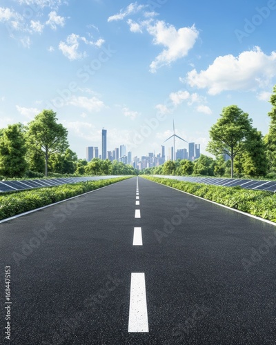 Wallpaper Mural Futuristic Highway with Solar Panels, Wind Turbine and Modern City Skyline. Torontodigital.ca