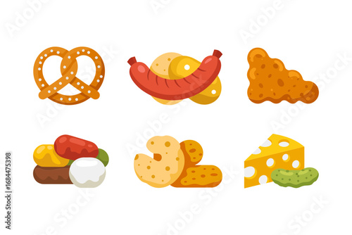 German snack platter vector illustrations, pretzel sausage cheese pickle bread arrangement, traditional party appetizer icons, beer garden food