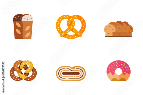 German bakery icon collection, pretzel bread loaf strudel donut, sweet baked goods set, traditional pastry illustrations, breakfast snack vector graphics