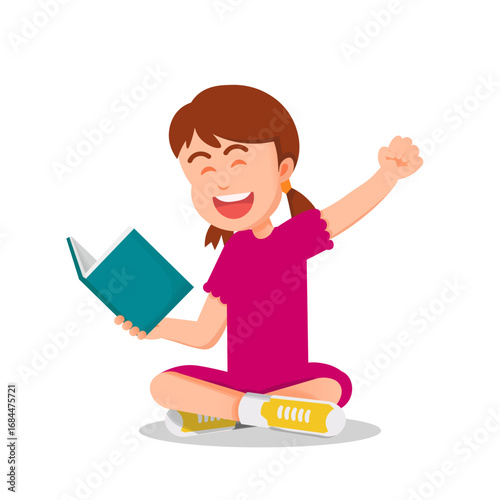 A cheerful little girl sits on the floor reading a book