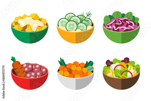 Assorted salad bowl icons, quinoa mixed greens beetroot cucumber slices, protein rich bowls with vegetables, fresh healthy lunch illustration set collection