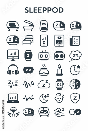 Comprehensive icon set for sleep technology, wellness, and bedtime routines, featuring glyphs for sleep aids, trackers, and relaxation