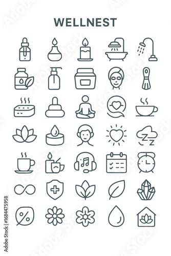 Collection of minimalist line icons representing a wellness haven for self-care, meditation, and relaxation