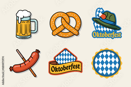 Bavarian festival badge collection, beer mug pretzel sausage hat checkerboard lozenge, festival sticker icons, party emblem vector illustrations design set