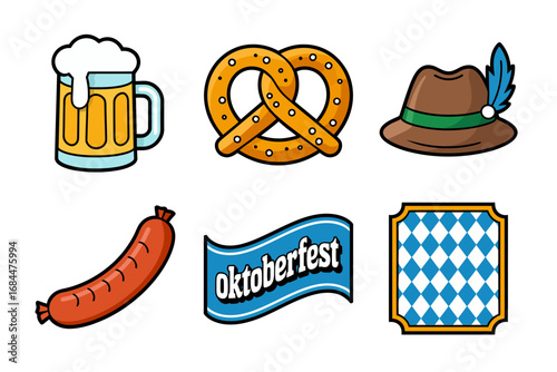Beer and pretzel sticker icons, frothy mug sausage label, bavarian shield badge, snack and drink festival emblem, party vector graphics set collection