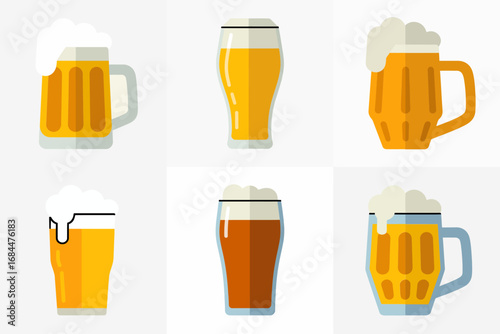 Craft beer glass vector set, lager ale stout pilsner icons, realistic beverage illustrations, beer tasting flight, pub menu drink emblems pack