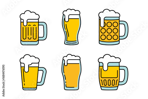 Beer mug icon set, frothy steins pint glasses, clinking toasts, pub and festival drink symbols, bar beverage illustration menu design