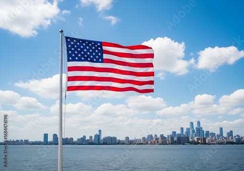 American Flag Flying Over New York City Skyline