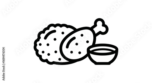 Crispy Fried Chicken and Sauce Icon: A Culinary Delight in Simple Line Art Design