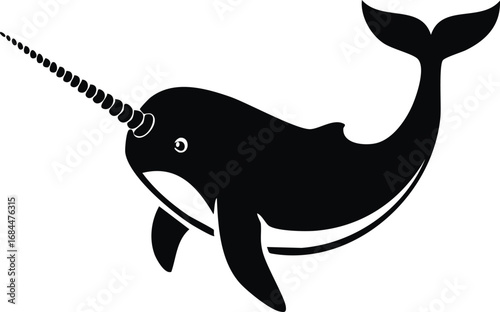Narwhal Animal Vector Logo in Black and White, Minimalist and Simple Design, Perfect for Wildlife Branding, Nature Illustration, and Unique Animal Identity
