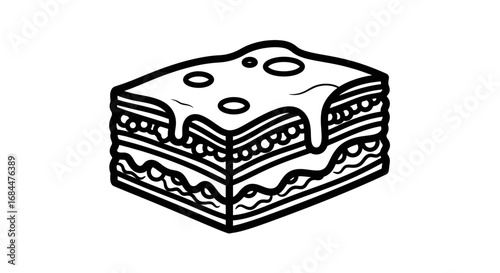 Detailed monochrome line drawing of a delicious slice of lasagna with oozing cheese
