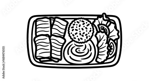 Monochrome outline drawing of a delicious and diverse takeaway meal in a black rectangular tray