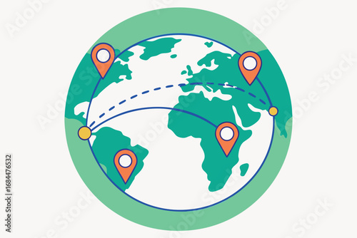 Global travel routes connecting locations on a world map globe earth
