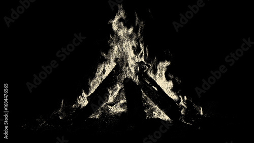 Burning campfire on black background in retro vintage dotwork style. Bonfire with logs in flame for hiking and camping