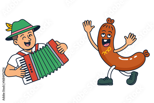Accordion musician and dancing sausage character illustrations, playful Bavarian folk icons, lively festival music, party food mascot vector graphics